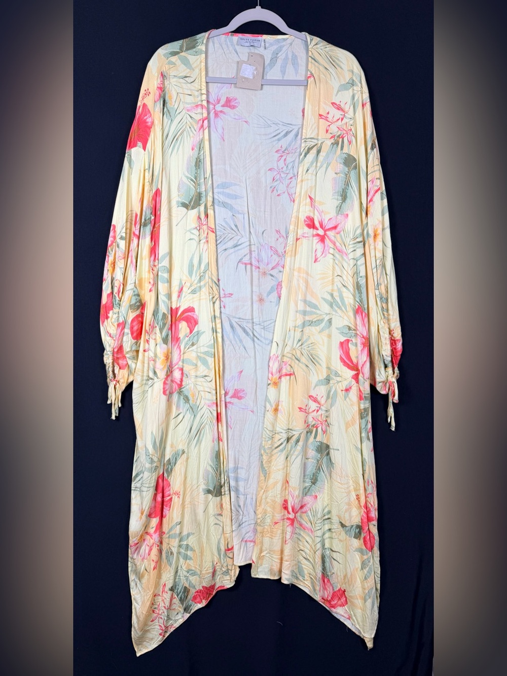 Dress Forum Floral Open-Front Duster in Cream with Pink Accents Old Hollywood